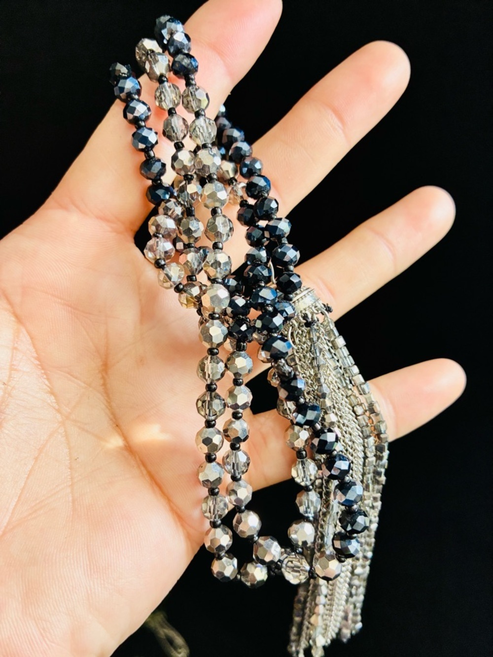 Murano Black and Silver Bead Necklace with Silver Tassel - Picture 9 of 13